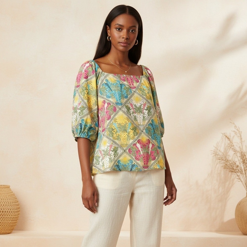 Loft Top XL Womens Tropical Palm Print Y2K SS Boho Indie Artsy 80s Indie Chic